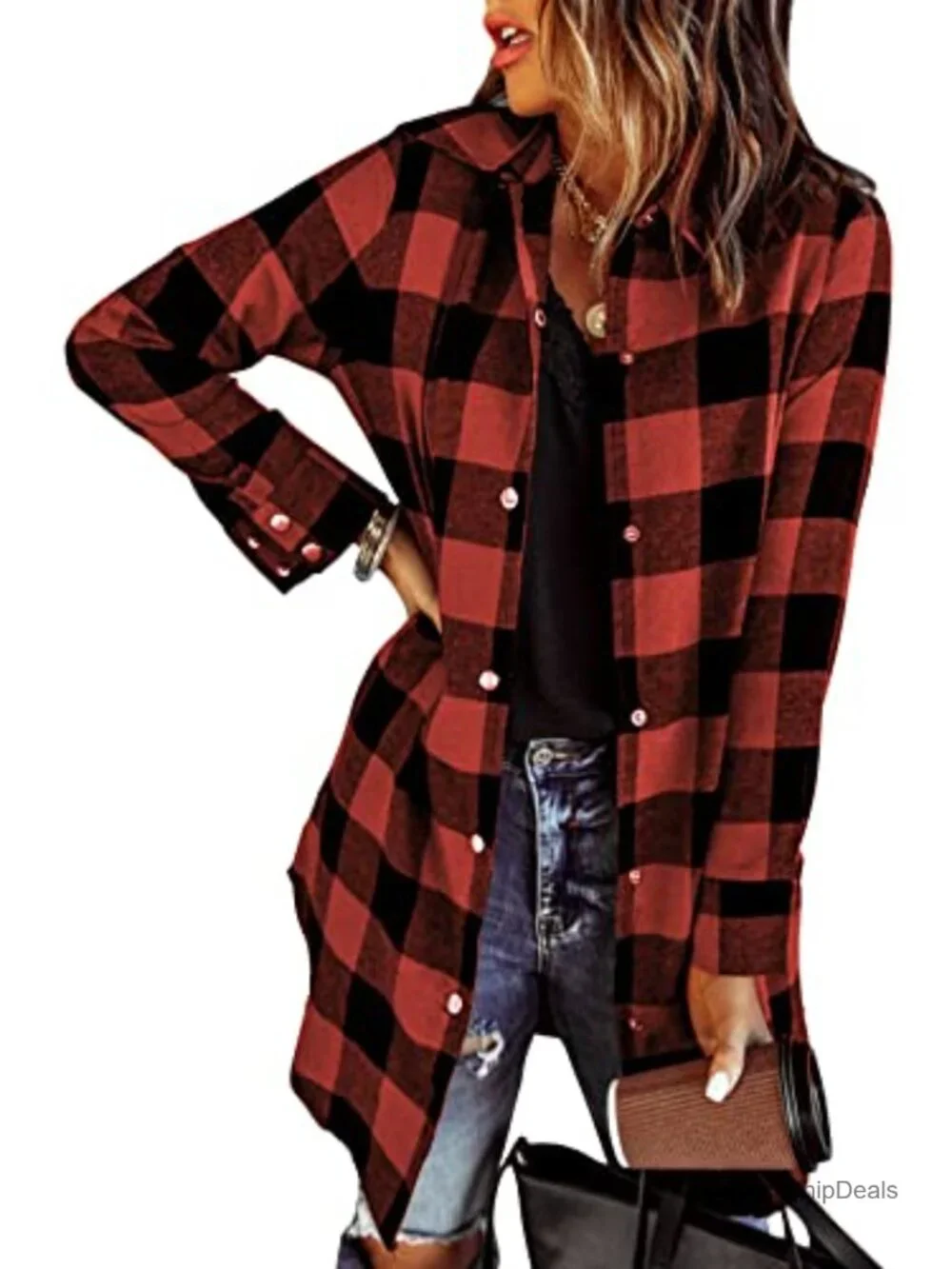 Women's Plaid Flannel Shacket Jacket, Relaxed Boyfriend Fit Long Sleeve Button